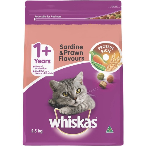 Whiskas 1+ Years Cat Food Adult Sardine Prawn Tuna Whitebait 2.5kg 