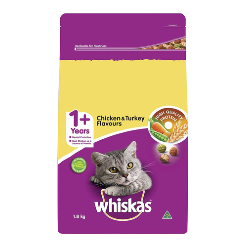 Whiskas Adult 1+ Dry Cat Food w/ Chicken & Turkey Flavours 1.8kg