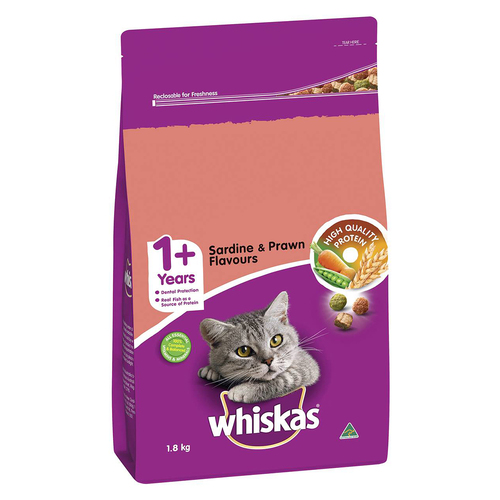 Whiskas Adult 1+ Dry Cat Food w/ Sardine & Prawn Flavours 1.8kg