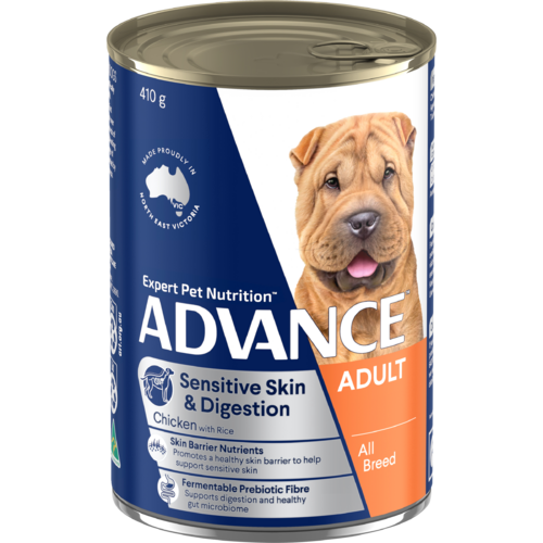 Advance Adult Sensitive Skin & Digestion Wet Dog Food Chicken w/ Rice 12 x 410g