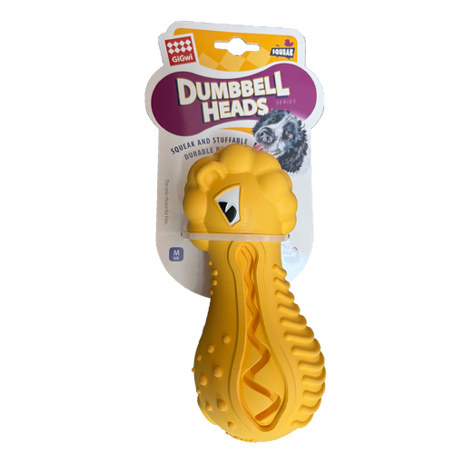 Gigwi Dumbell Heads Treat Dispenser Durable Dog Squeaker Toy Lion