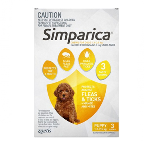 Simparica 1.3-2.5kg Puppy Dog Tick & Flea Chewable Treatment 3 Pack 