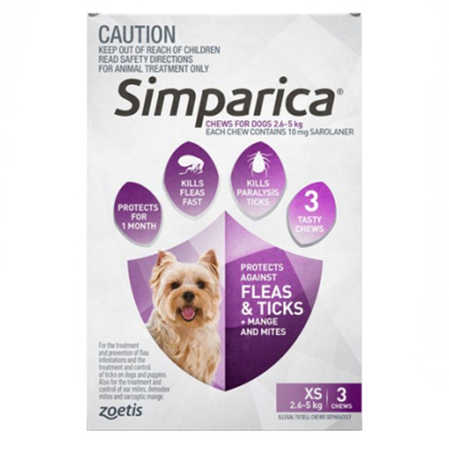 Simparica 2.6-5kg Extra Small Dog Tick Flea Chewable Treatment 3 Pack 