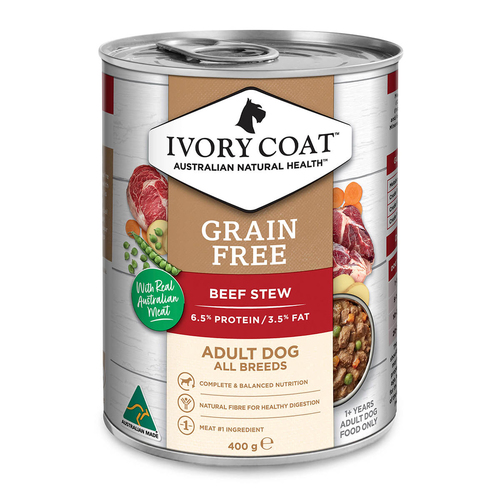 Ivory Coat Adult All Breeds Grain Free Wet Dog Food Beef Stew 12 x 400g