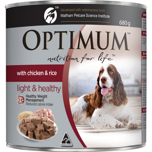 Optimum Adult Weight Management Wet Dog Food Chicken & Rice 680g x 12