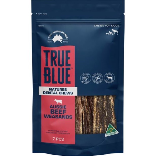 True Blue Air-Dried Dog Dental Chew Treats Aussie Beef Weasands 7 Pack