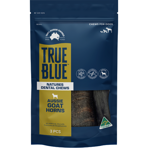 True Blue Air-Dried Dog Dental Chew Treats Aussie Goat Horns 3 Pack