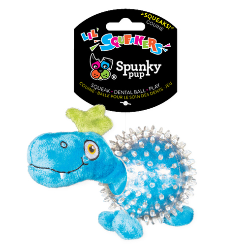 Spunky Pup Dino in Clear Spiky Ball Plush Dog Squeaker Toy