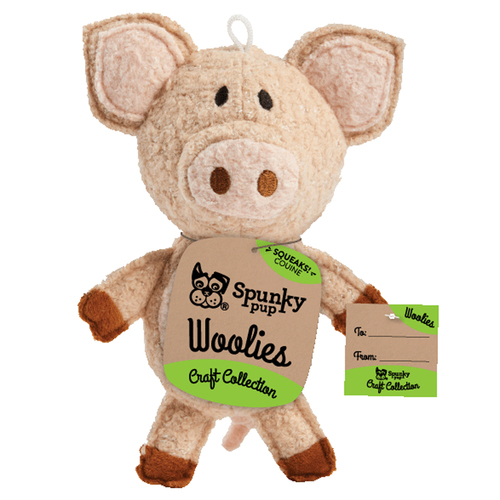 Spunky Pup Woolies Pig Plush Interactive Dog Squeaker Toy 