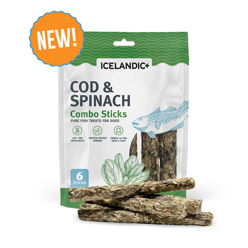 Icelandic+ Cod & Spinach Combo Sticks Pure Fish Treats for Dogs 6 Pack