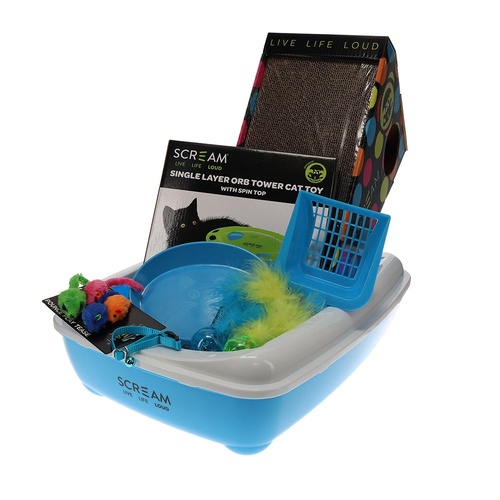 Scream Kitten Pack incl Litter Tray & Scoop & Scream Oval Cat Bowl Loud Blue