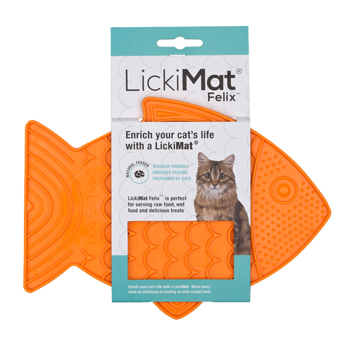 LickiMat Classic Felix Boredom Buster Fish Shaped Cats Slow Feeder Orange