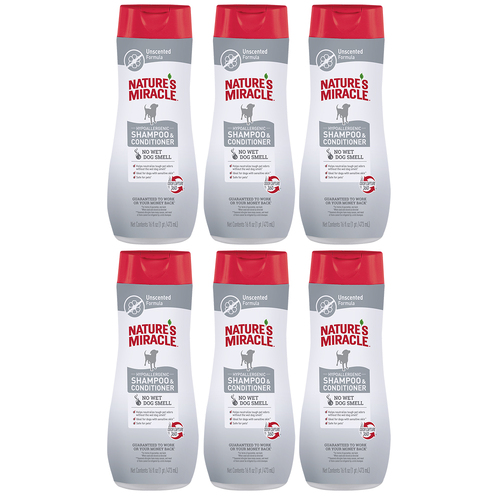 6 x Natures Miracle Hypoallergenic Dog Shampoo & Conditioner Unscented 473ml