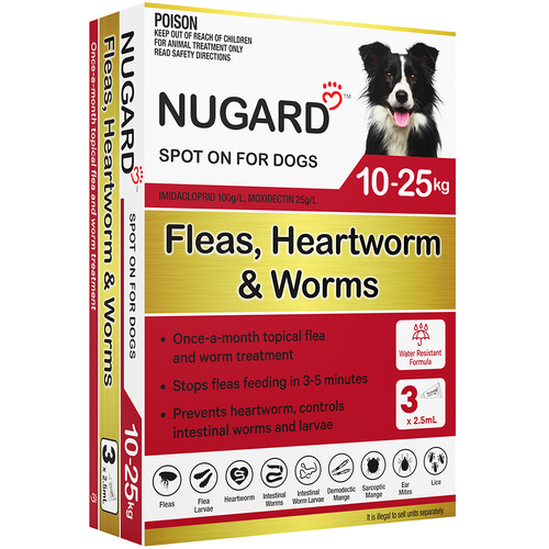 Nugard Spot-On Fleas Heartworm & Worms Treatment for Medium Dogs 10-25kg 3pk