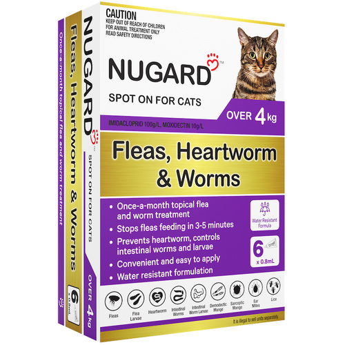 Nugard Spot-On Fleas Heartworm & Worms Treatment for Large Cats Over 4kg 6pk