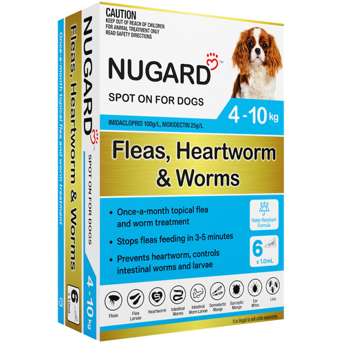 Nugard Spot-On Fleas Hearthworm & Worms Treatment for Small Dogs 4-10kg 6pk