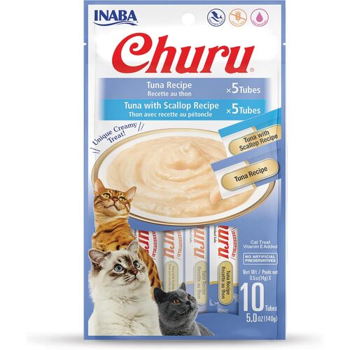 Inaba Churu Puree Lickable Cat Treat Tuna & Tuna with Scallop 10 x 0.5oz