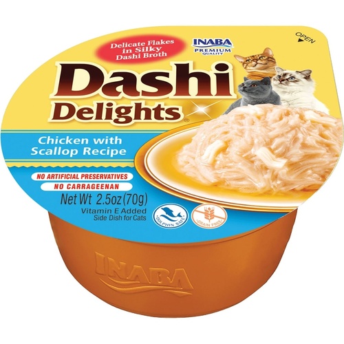 Inaba Dashi Delights Flakes in Broth Cat Food Topper Chicken w/ Scallop 6 x 70g