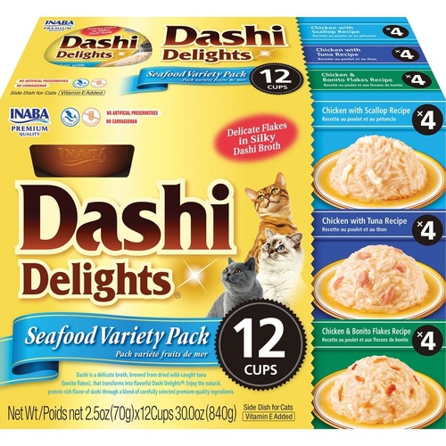 Inaba Dashi Delights Flakes in Broth Cat Food Topper Seafood Variety Pack 12pk