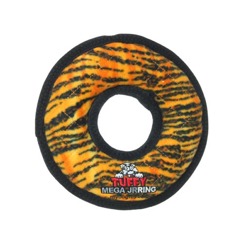Tuffy Mega Jr Ring Interactive Play Dog Squeaker Toy Tiger Print