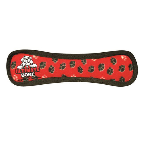 Tuffy Ultimates Bone Plush Dog Squeaker Toy Red Paws