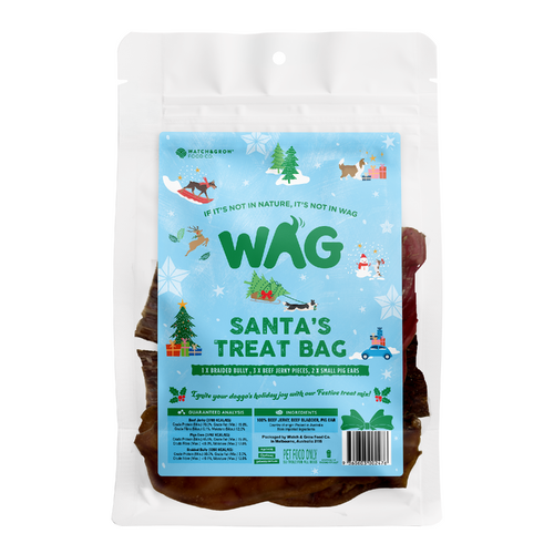 WAG Santas Treat Bag incl 1x Braided Bully 3x Beef Jerky & 2x Small Pig Ears