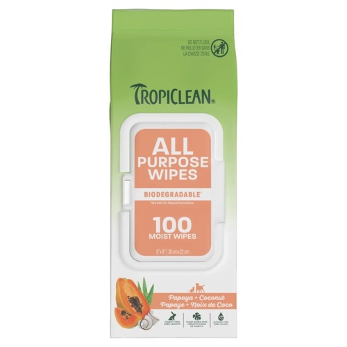 TropiClean Luxury 2-in-1 Pet Wipes Papaya & Coconut 100 Pack