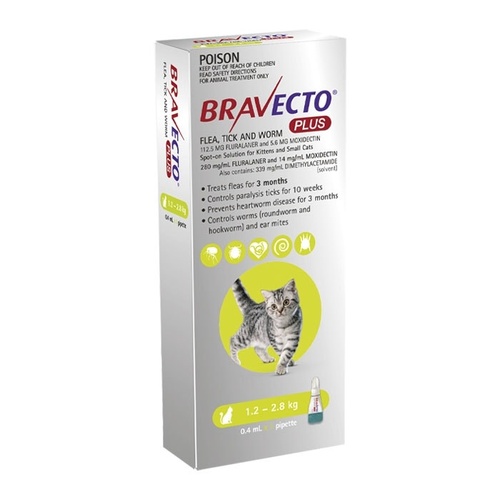Bravecto Plus Flea Tick & Worm Solution for Small Cats 1.2-2.8kg Green 1pk