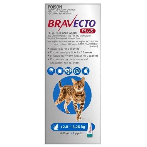 Bravecto Plus Flea Tick & Worm Solution for Medium Cats 2.8-6.25kg Blue 1pk