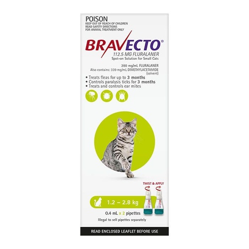 Bravecto Spot-On Flea & Tick Protection for Small Cats 1.2-2.8kg Green 2pk