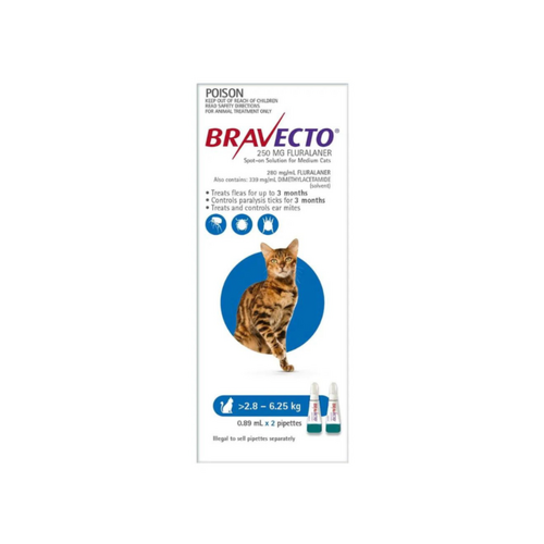Bravecto Spot-On Flea & Tick Protection for Medium Cats 2.8- 6.25kg Blue 2pk