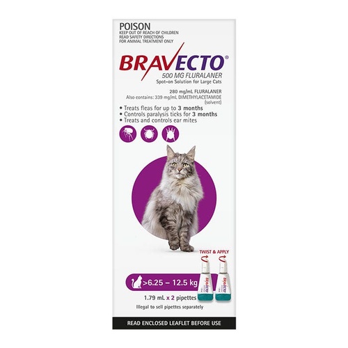 Bravecto Spot-On Flea & Tick Protection for Large Cats 6.25-12.5kg Purple 2pk