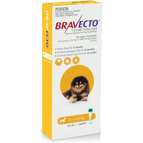 Bravecto Spot-On Flea & Tick Protection for XS Dogs 2-4.5kg Yellow
