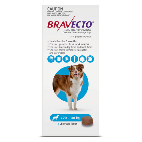 Bravecto Chewable Tablets Flea & Tick Protection for Large Dogs 20-40kg Blue 1pk