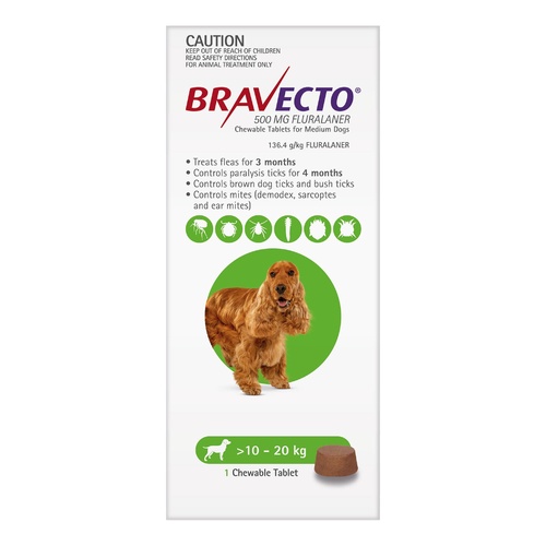 Bravecto Chewable Tablets Flea & Tick Protection for Med Dogs 10-20kg Green 1pk