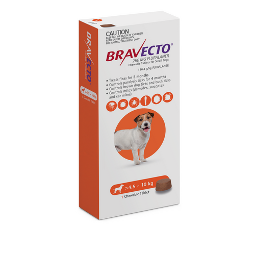 Bravecto Chewable Tablets Flea & Tick Protection for Sml Dog 4.5-10kg Orange 1pk