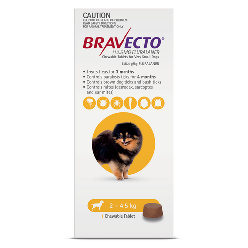 Bravecto Chewable Tablets Flea & Tick Protection for XS Dogs 2-4.5kg Yellow 1pk
