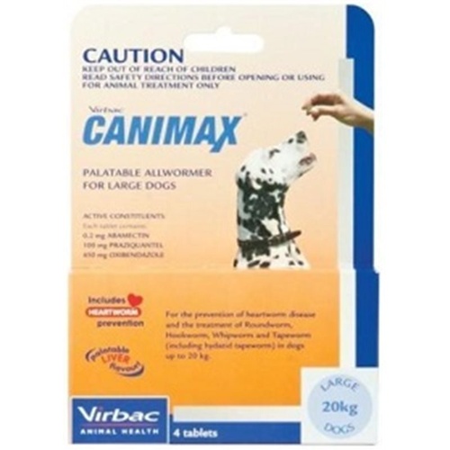 Canimax Palatable Allwormer Tablets for Large Dogs 20kg 4 Pack