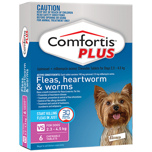 Comfortis Plus Fleas & Worms Treatment for Dogs 2.3-4.5kg Pink 6 Pack