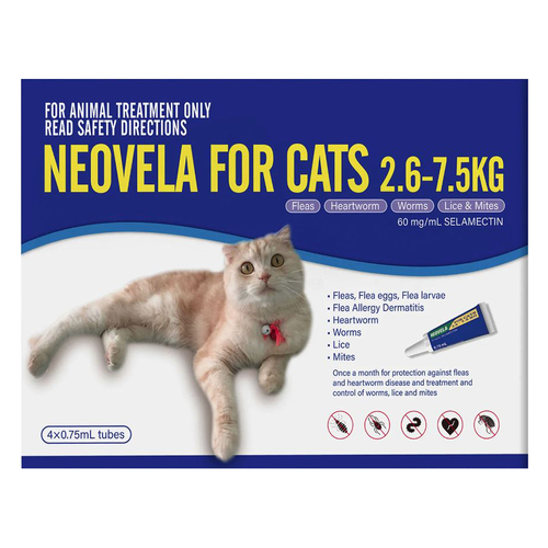 Neovela Spot-on Flea & Worm Treatment for Cats 2.6-7.5kg Blue 4 Pack
