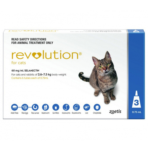 Revolution 2.6-7kg Cat Parasite Wormer Treatment Tube Blue 3 Pack