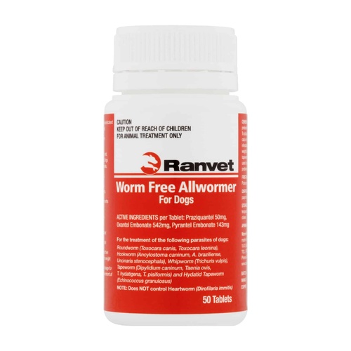Ranvet Worm Free Dogs Allwormer Treatment Red 10kg 50 Tablets