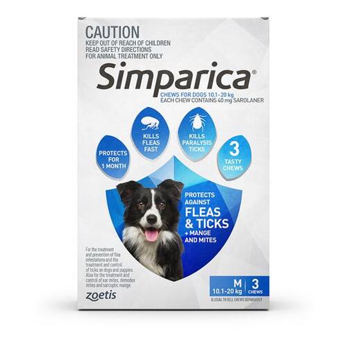 Simparica 10.1-20kg Medium Dog Tick & Flea Chewable Treatment 3 Pack