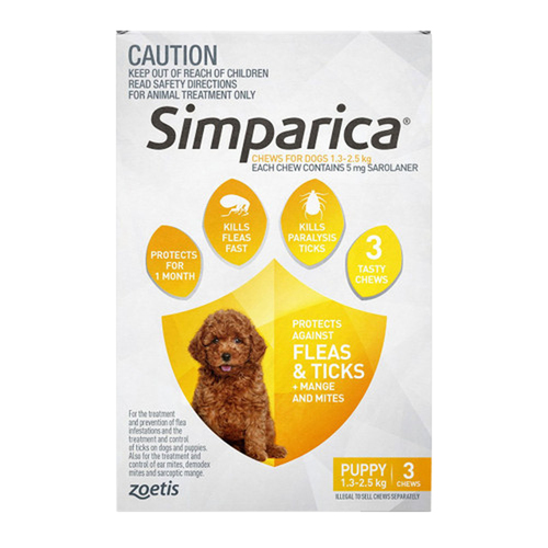 Simparica Fleas & Ticks Treatment for Puppies 1.3-2.5kg Yellow 3 Pack