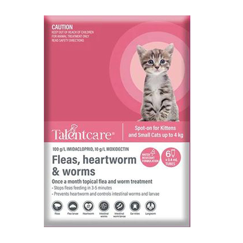 TalentCare Flea Heartworm & Worm Spot-on for Kittens & Cats Up to 4kg 6 Pack