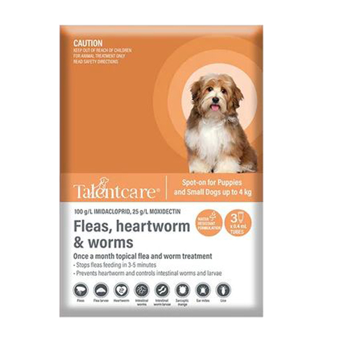 TalentCare Flea Heartworm & Worm Spot-on for Puppies & Sml Dogs Up to 4kg 3 Pk