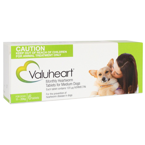 Valuheart for Medium Dogs 11-20kg Heartworm Tablet Green 6 Pack 