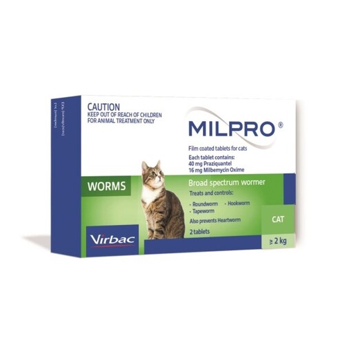 Virbac Milpro Broad Spectrum Wormer Tablets for Cats Over 2kg Green 2 Pack