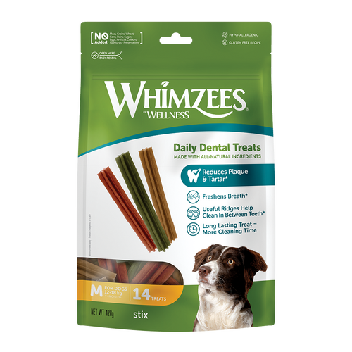Whimzees Stix Daily Dental Treats for Medium Dogs 12-18kg 14 Pack