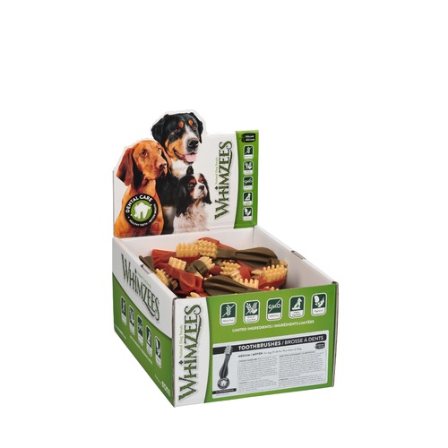 Whimzees Toothbrush Dental Care Dog Treat Display Box Medium 75 Pack